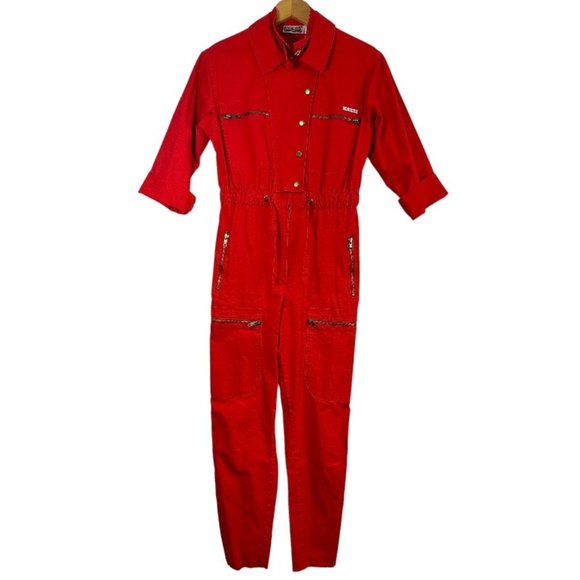 Saint Germain Paris Pants - Vintage Saint Germain Paris Utility Jumpsuit Red, Women's size 34-3/4